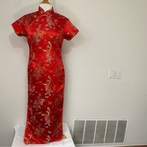 Laoguda Traditional Red Gold Floral Dragon Silky Asian Cheongsam Dress Size XL
